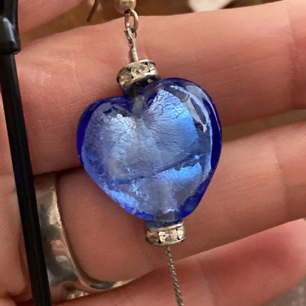Blue Glass Handblown Italian Murano Glass Heart Earrings - Picture 2 of 6